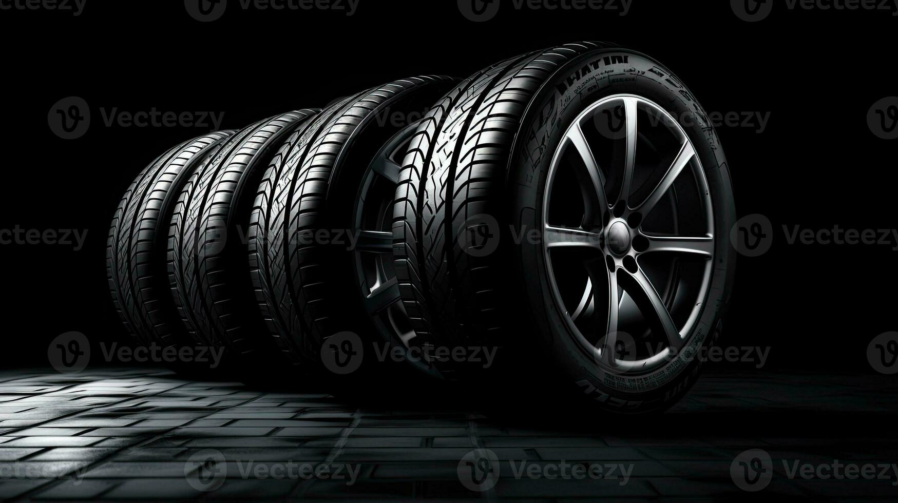 car tires on black background with light and shadow. Generative AI photo