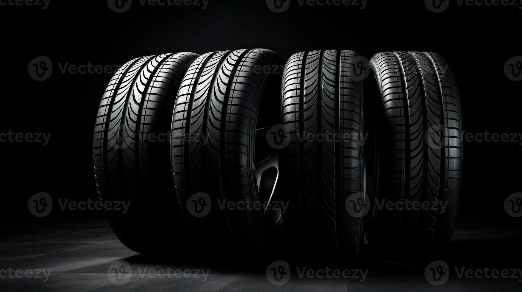 car tires on black background with light and shadow. Generative AI photo