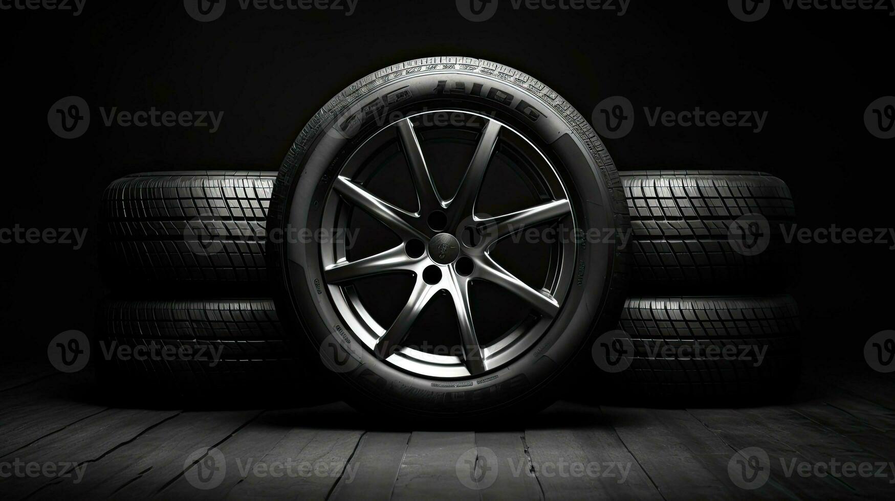 car tires on black background with light and shadow. Generative AI photo