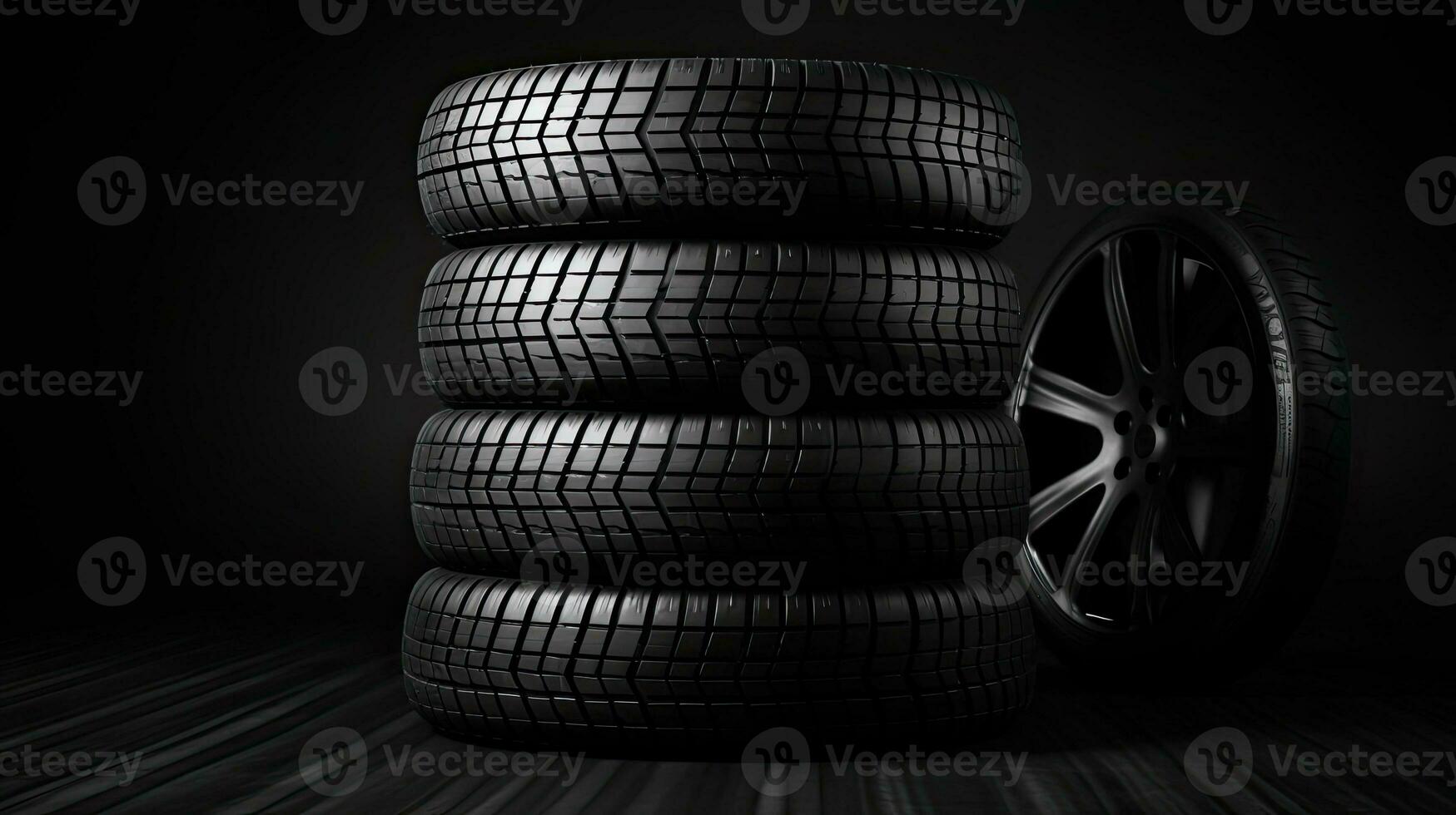 car tires on black background with light and shadow. Generative AI photo