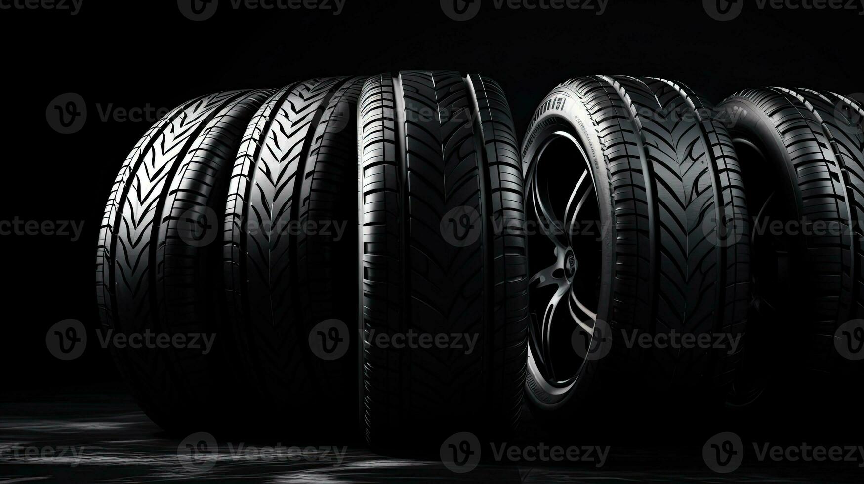 car tires on black background with light and shadow. Generative AI photo