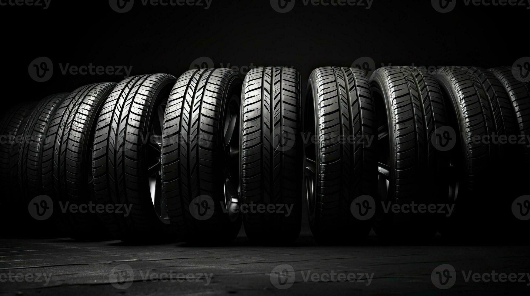car tires on black background with light and shadow. Generative AI photo