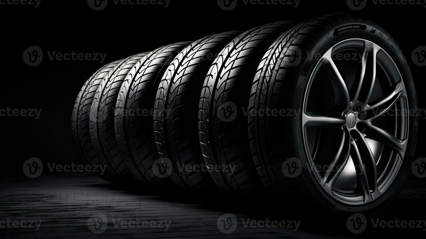 car tires on black background with light and shadow. Generative AI photo
