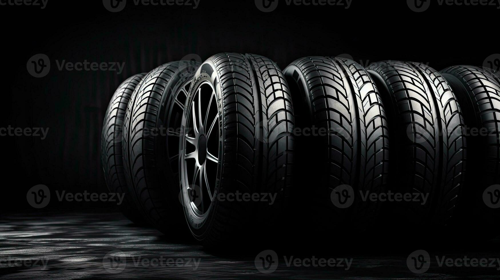car tires on black background with light and shadow. Generative AI photo