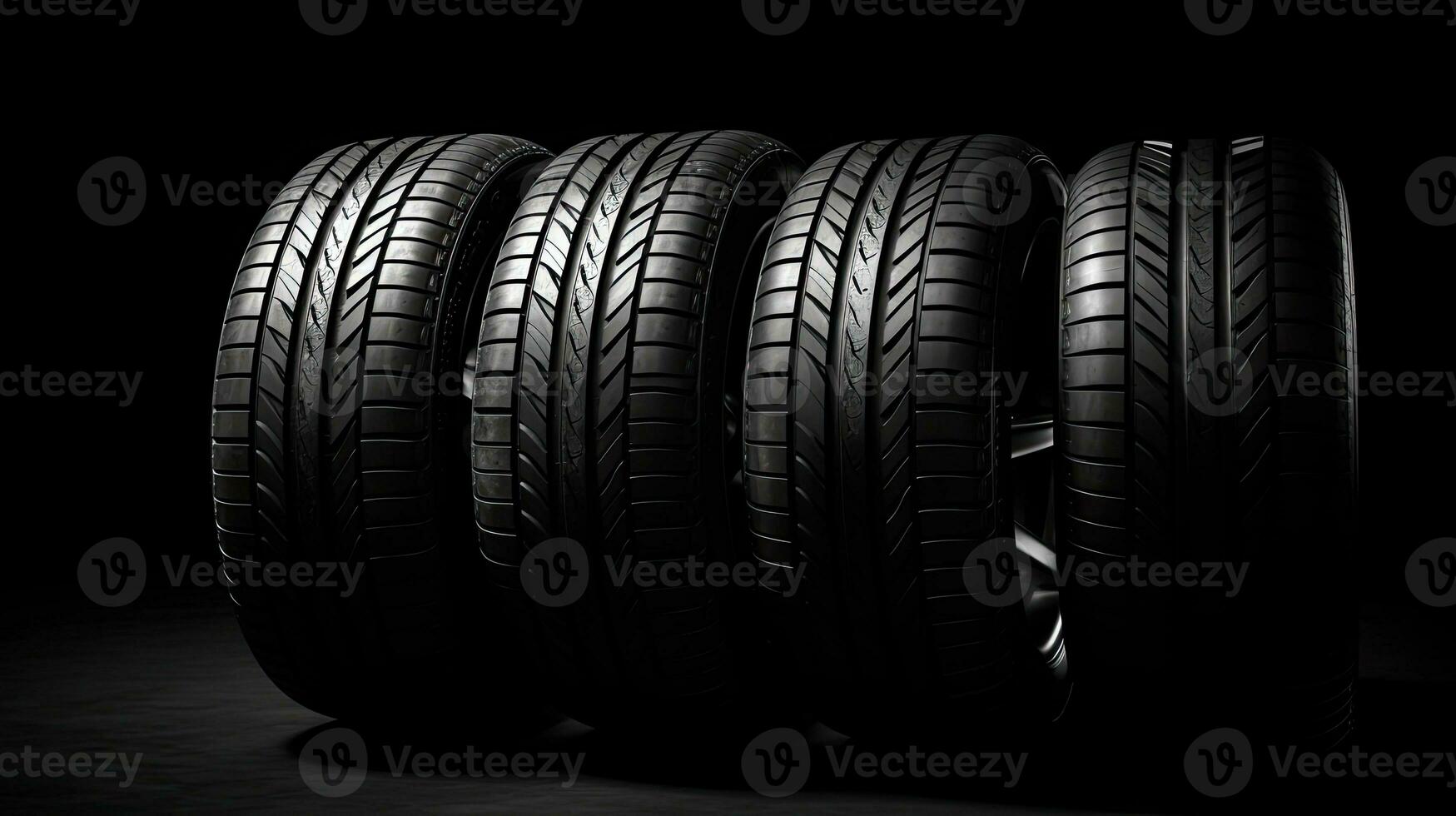 car tires on black background with light and shadow. Generative AI photo