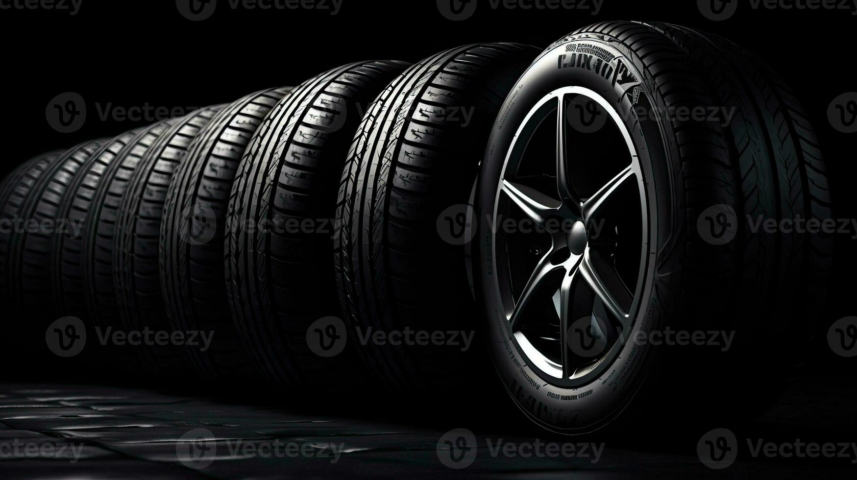 car tires on black background with light and shadow. Generative AI photo