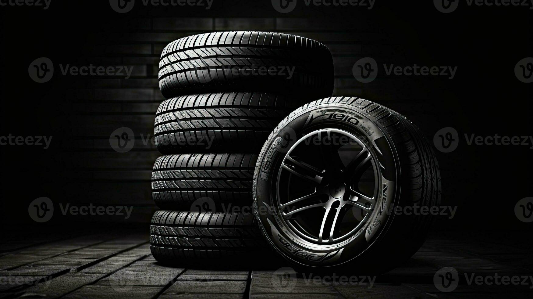 car tires on black background with light and shadow. Generative AI photo