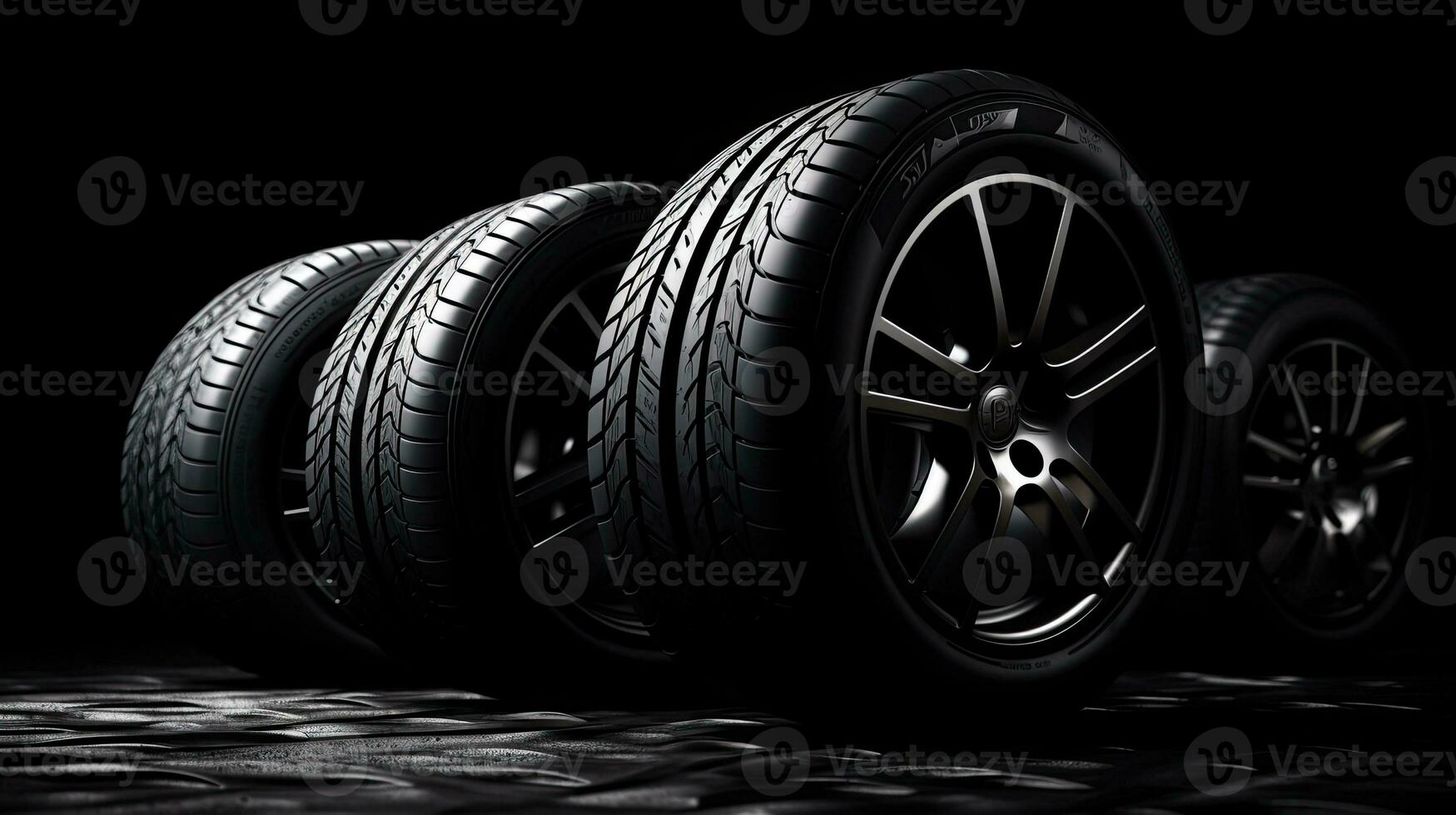 car tires on black background with light and shadow. Generative AI photo
