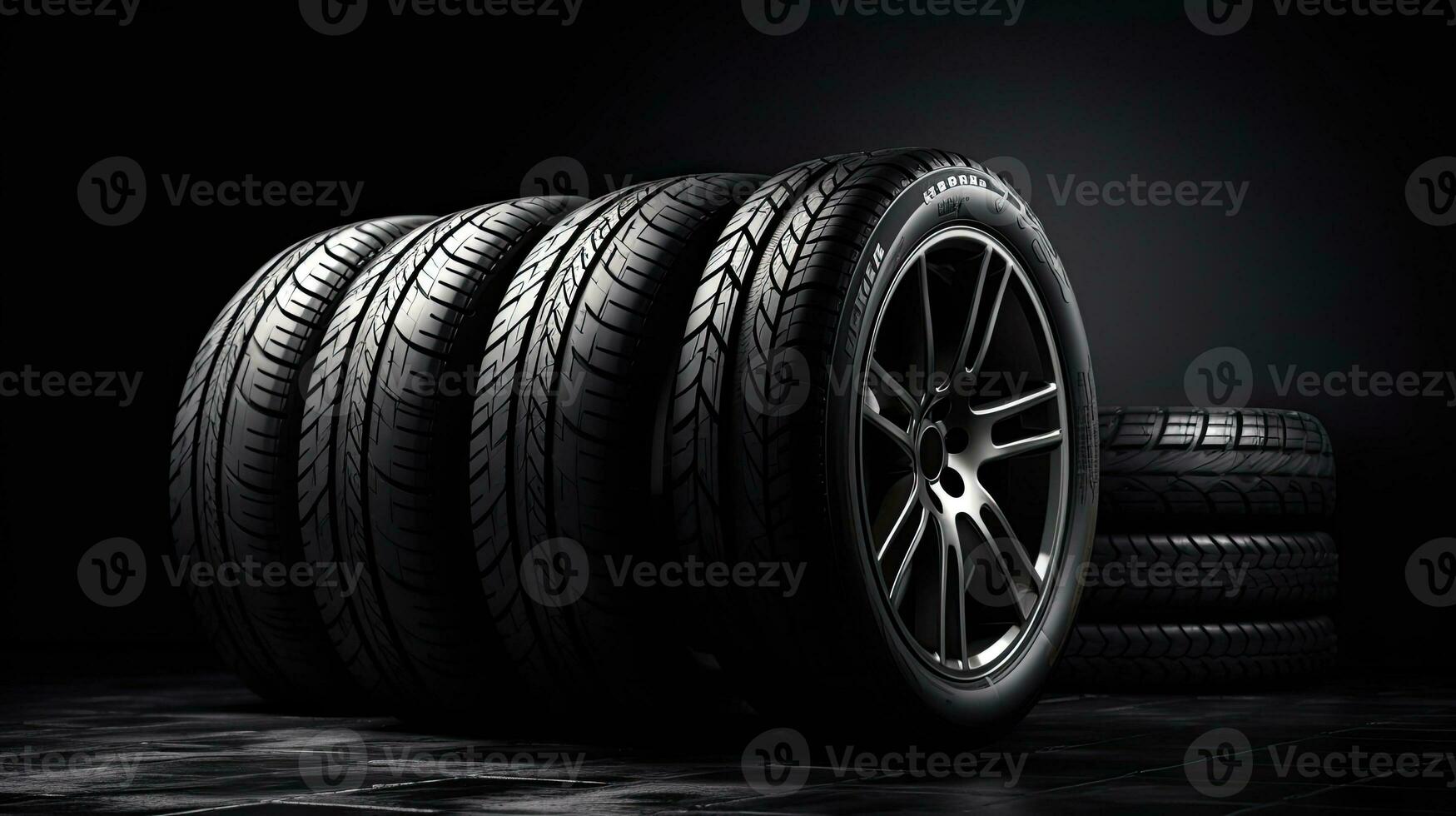 car tires on black background with light and shadow. Generative AI photo