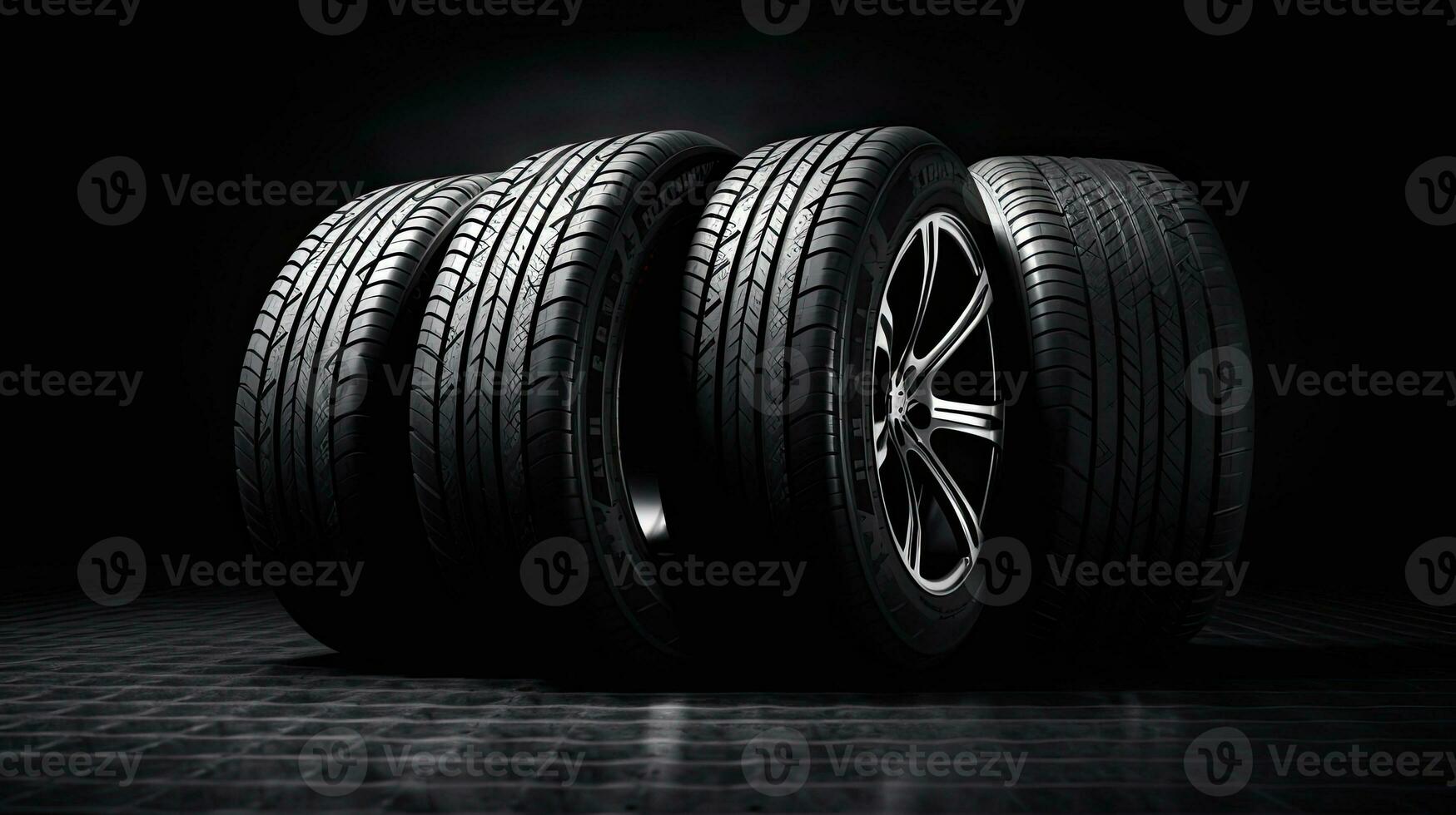 car tires on black background with light and shadow. Generative AI photo