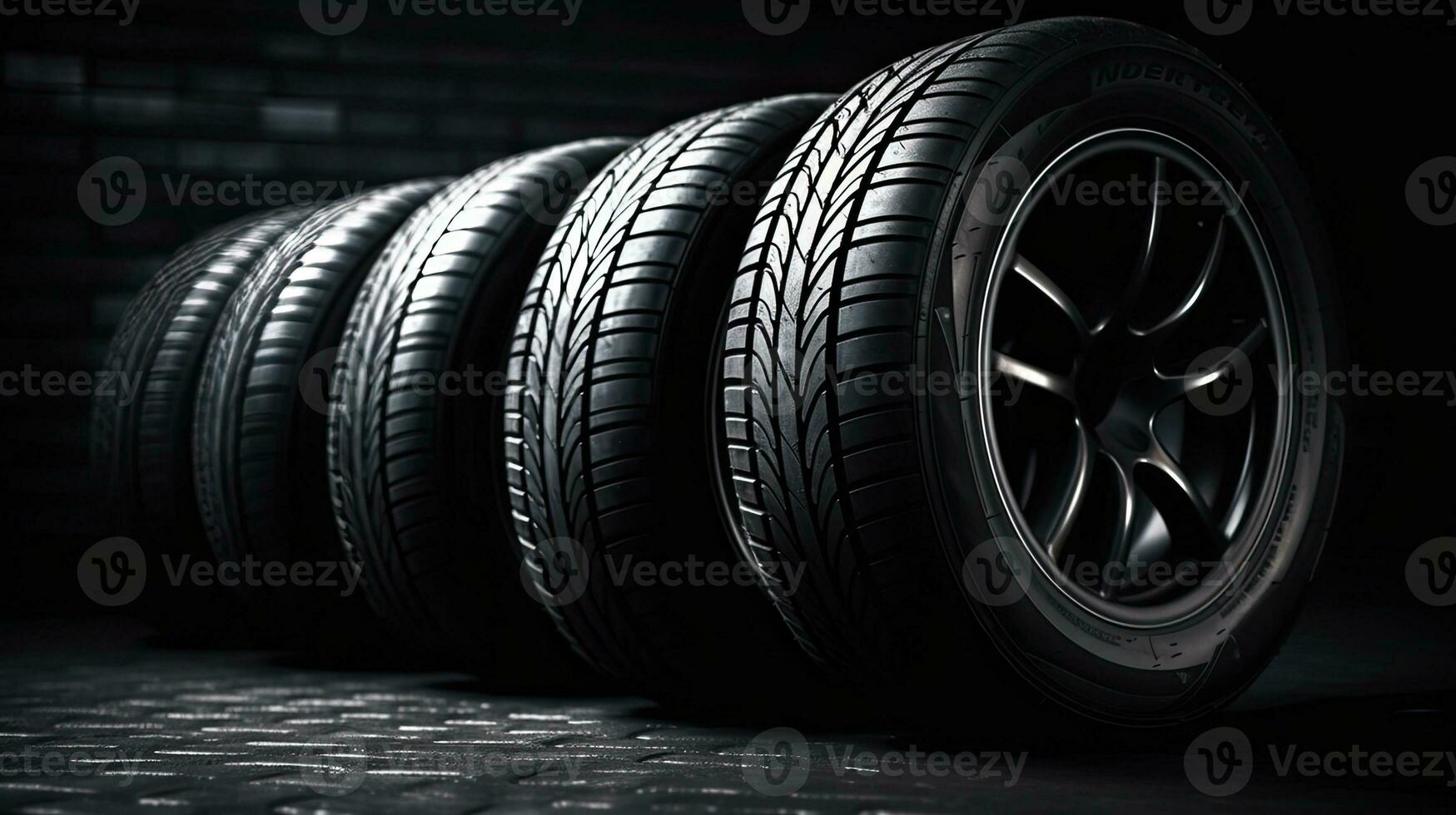 car tires on black background with light and shadow. Generative AI photo