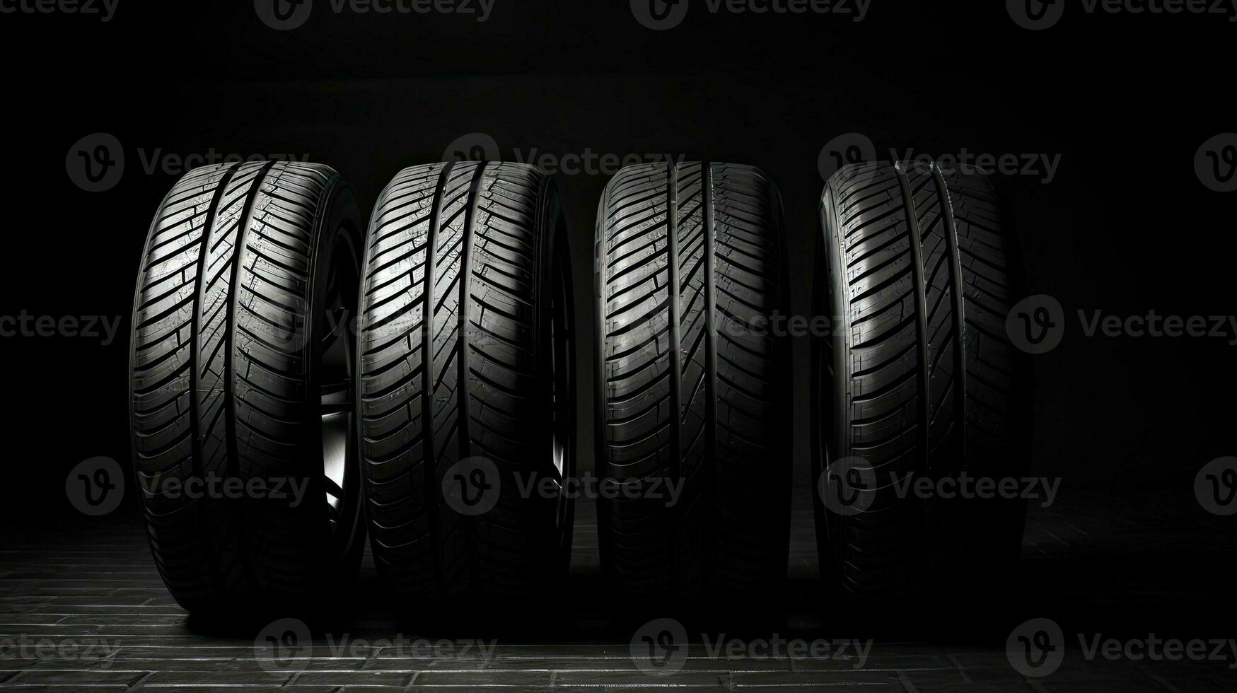 car tires on black background with light and shadow. Generative AI photo