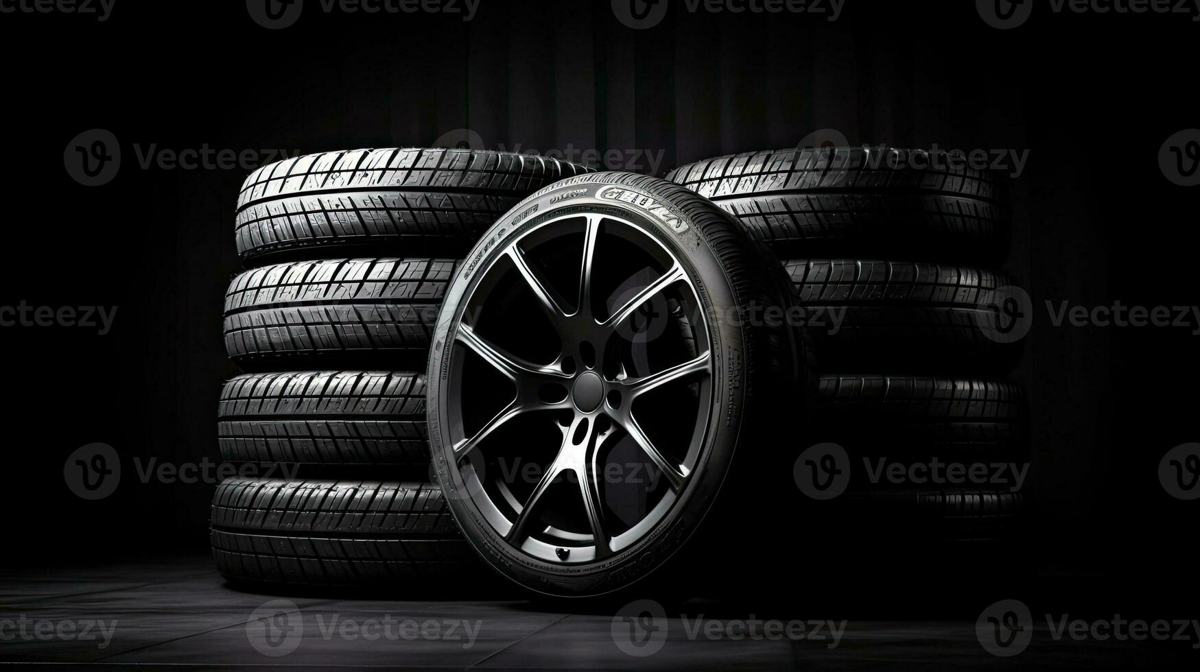 car tires on black background with light and shadow. Generative AI photo
