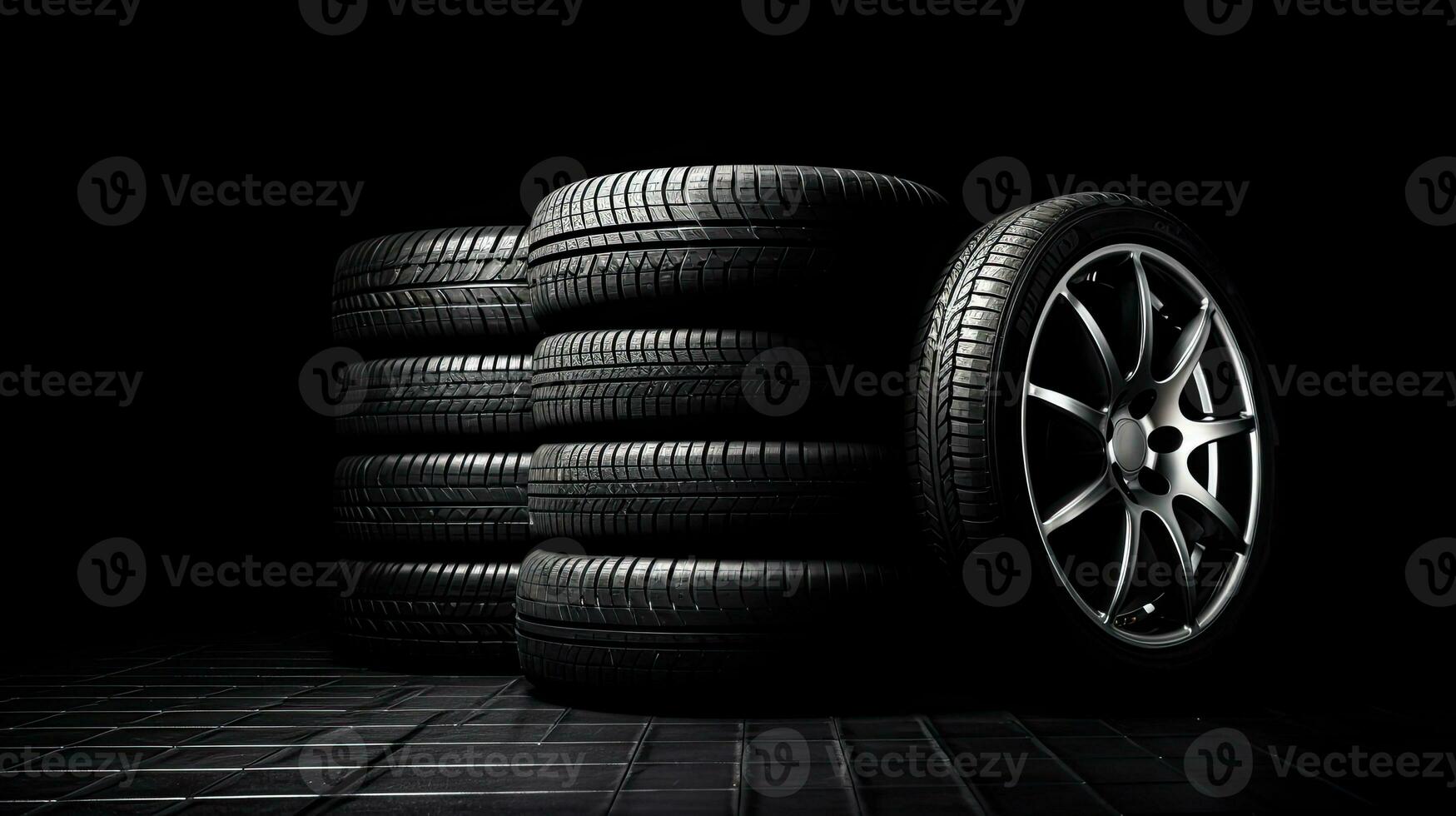 car tires on black background with light and shadow. Generative AI photo