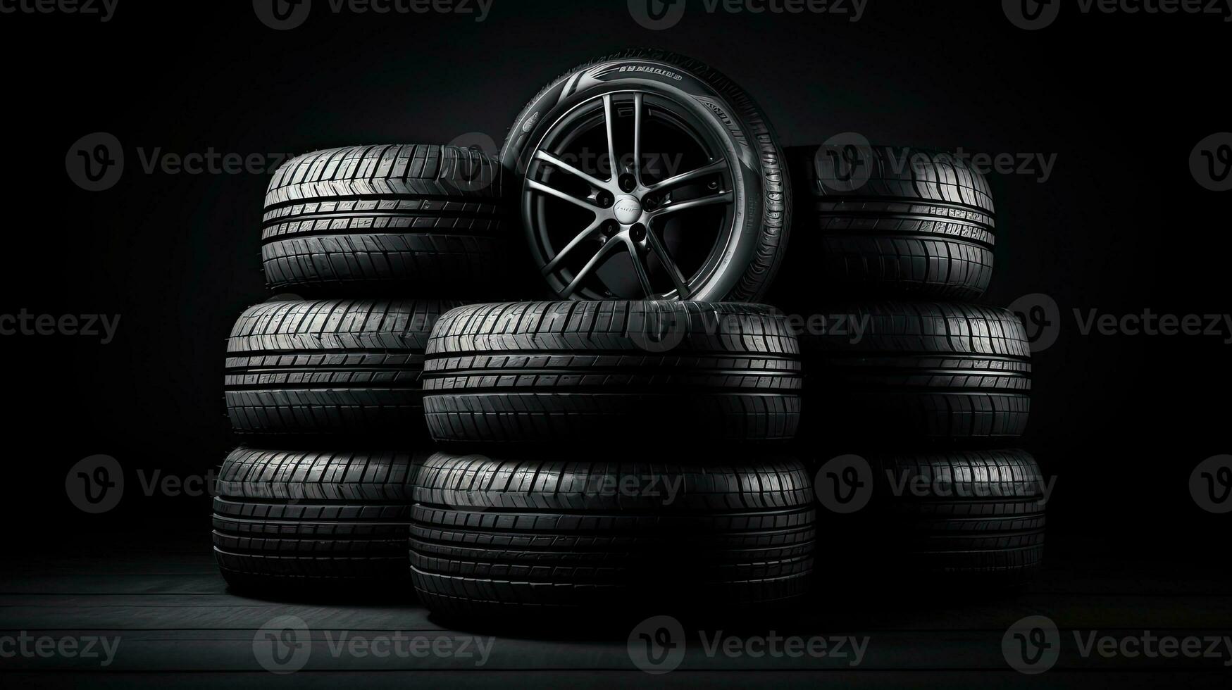 car tires on black background with light and shadow. Generative AI photo
