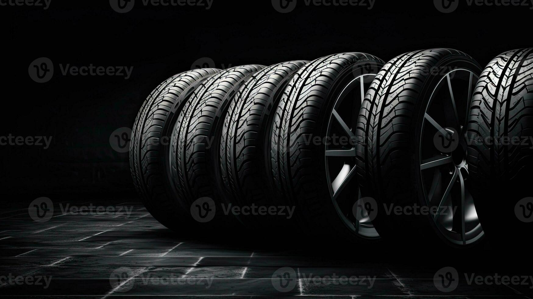 car tires on black background with light and shadow. Generative AI photo