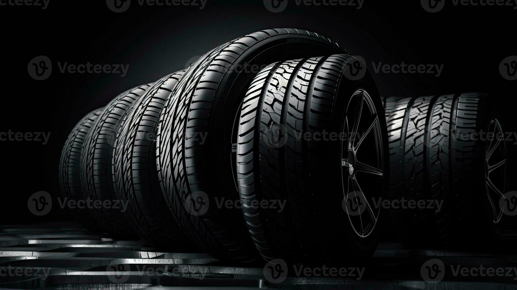 car tires on black background with light and shadow. Generative AI photo