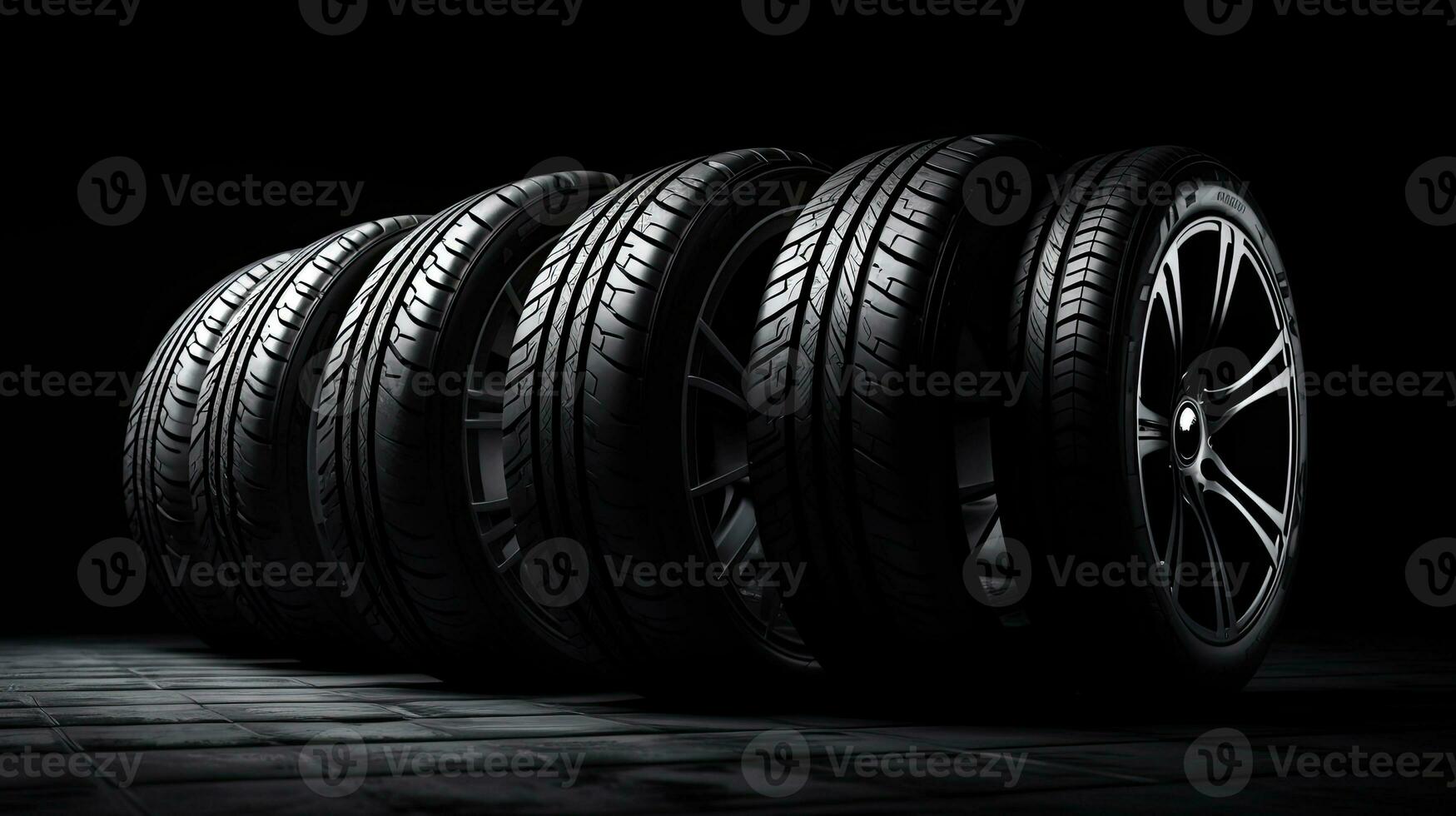 car tires on black background with light and shadow. Generative AI photo