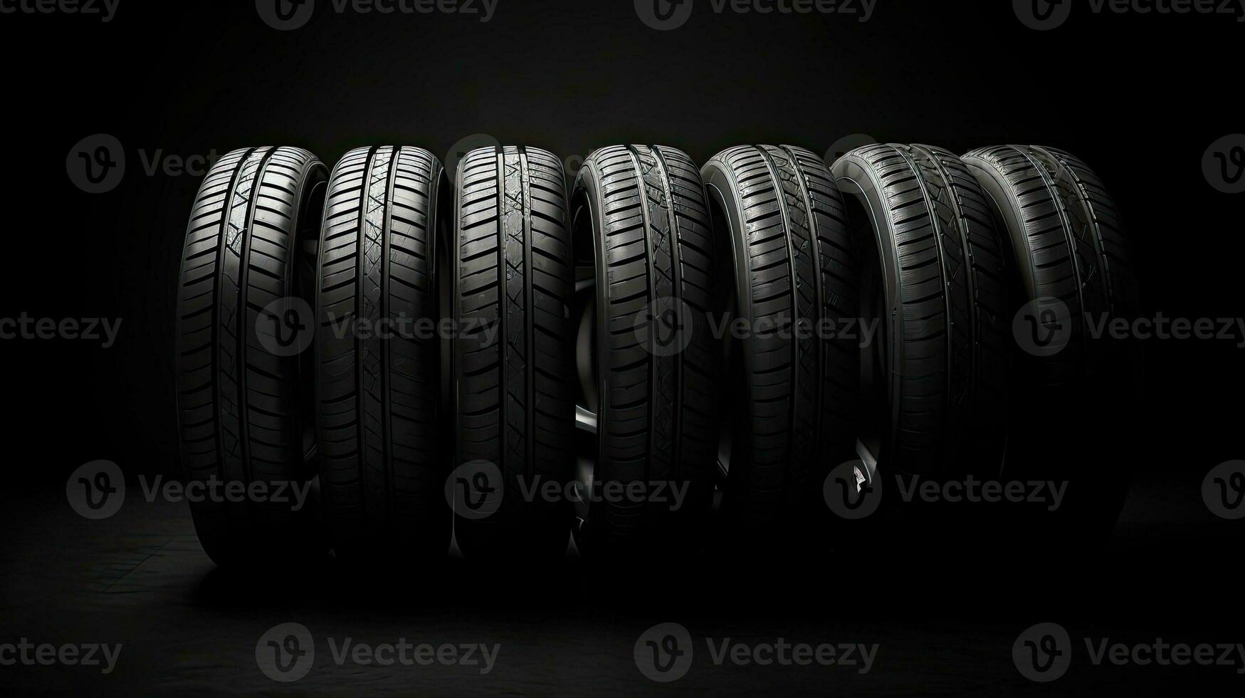 car tires on black background with light and shadow. Generative AI photo