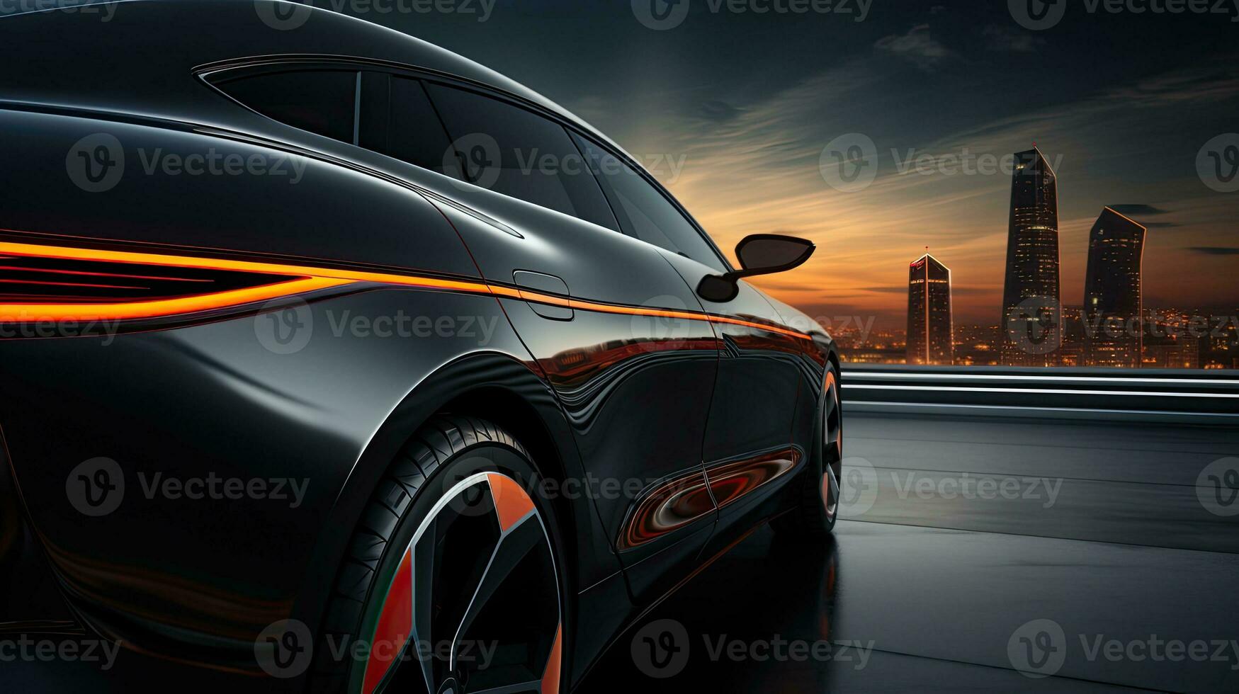 Concept car with neon light on black background. Generative AI photo