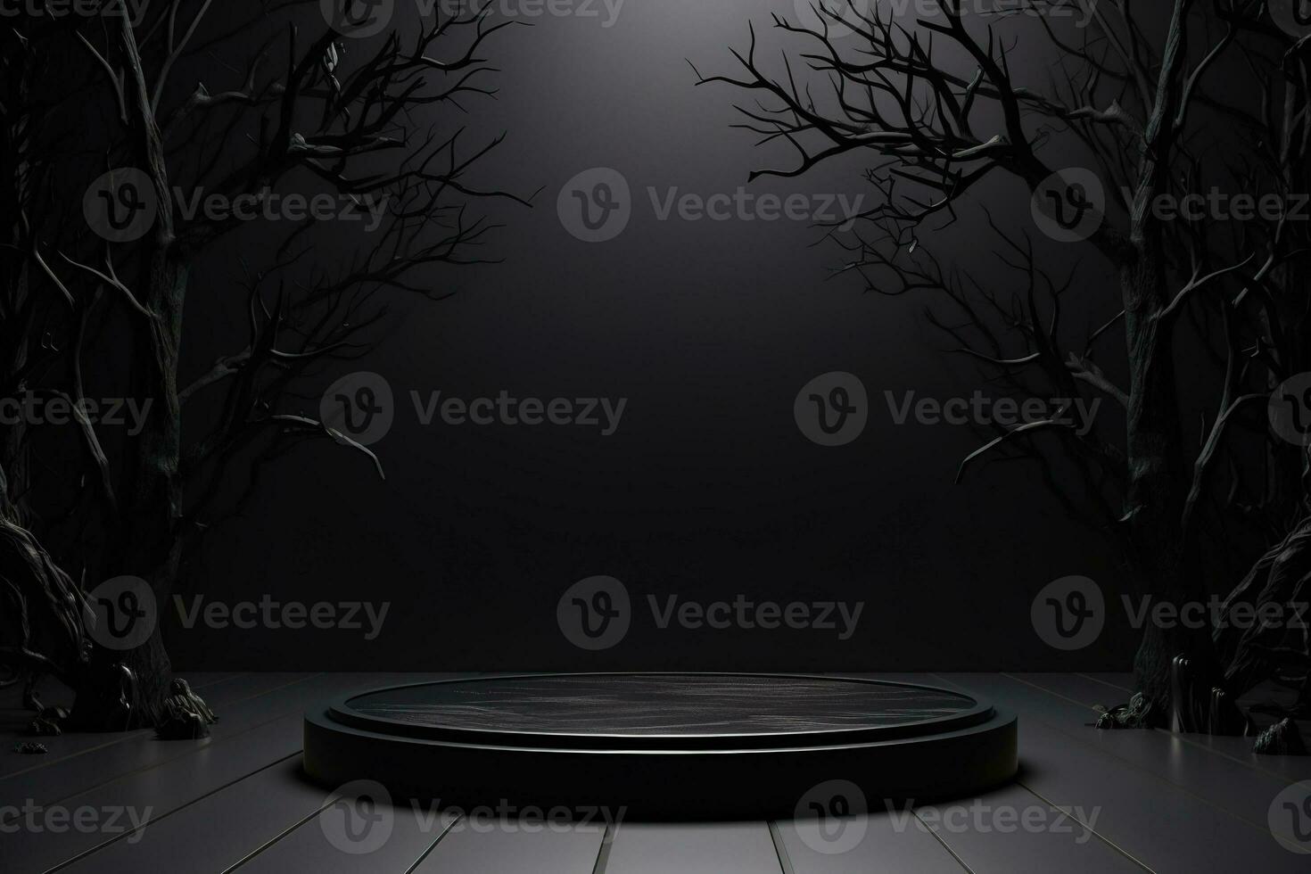 Black podium shelf or empty pedestal display with pumpkins, spiders, bats on dark Halloween background. Blank stand for showing product. Happy halloween banner mockup. 3D rendering. Generative AI photo