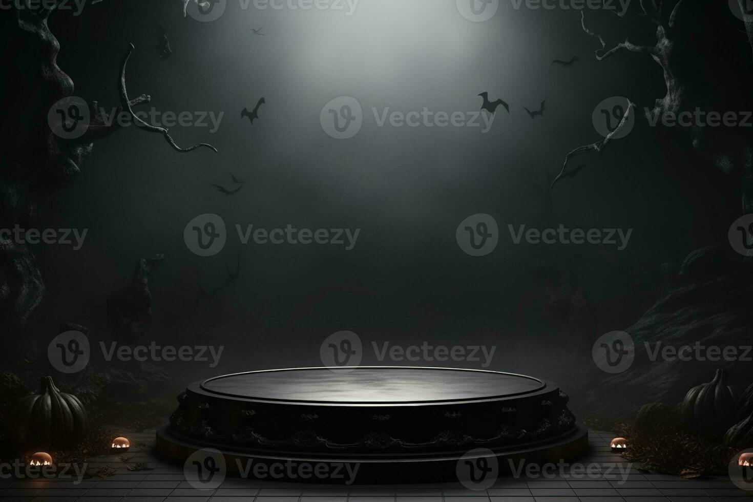 Black podium shelf or empty pedestal display with pumpkins, spiders, bats on dark Halloween background. Blank stand for showing product. Happy halloween banner mockup. 3D rendering. Generative AI photo