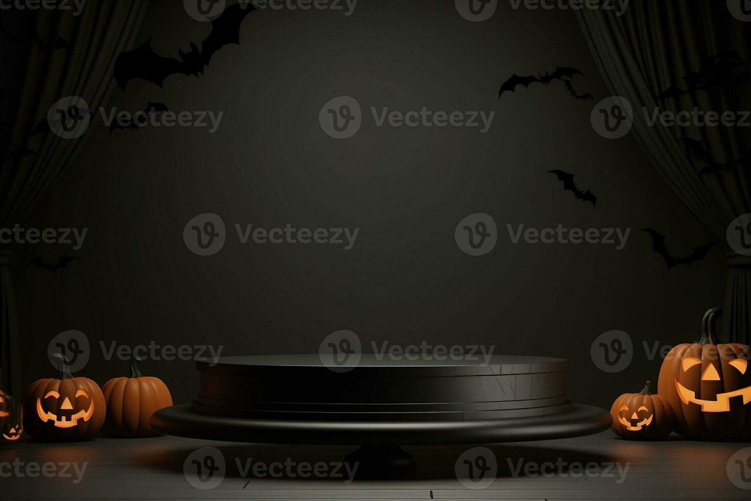 Black podium shelf or empty pedestal display with pumpkins, spiders, bats on dark Halloween background. Blank stand for showing product. Happy halloween banner mockup. 3D rendering. Generative AI photo