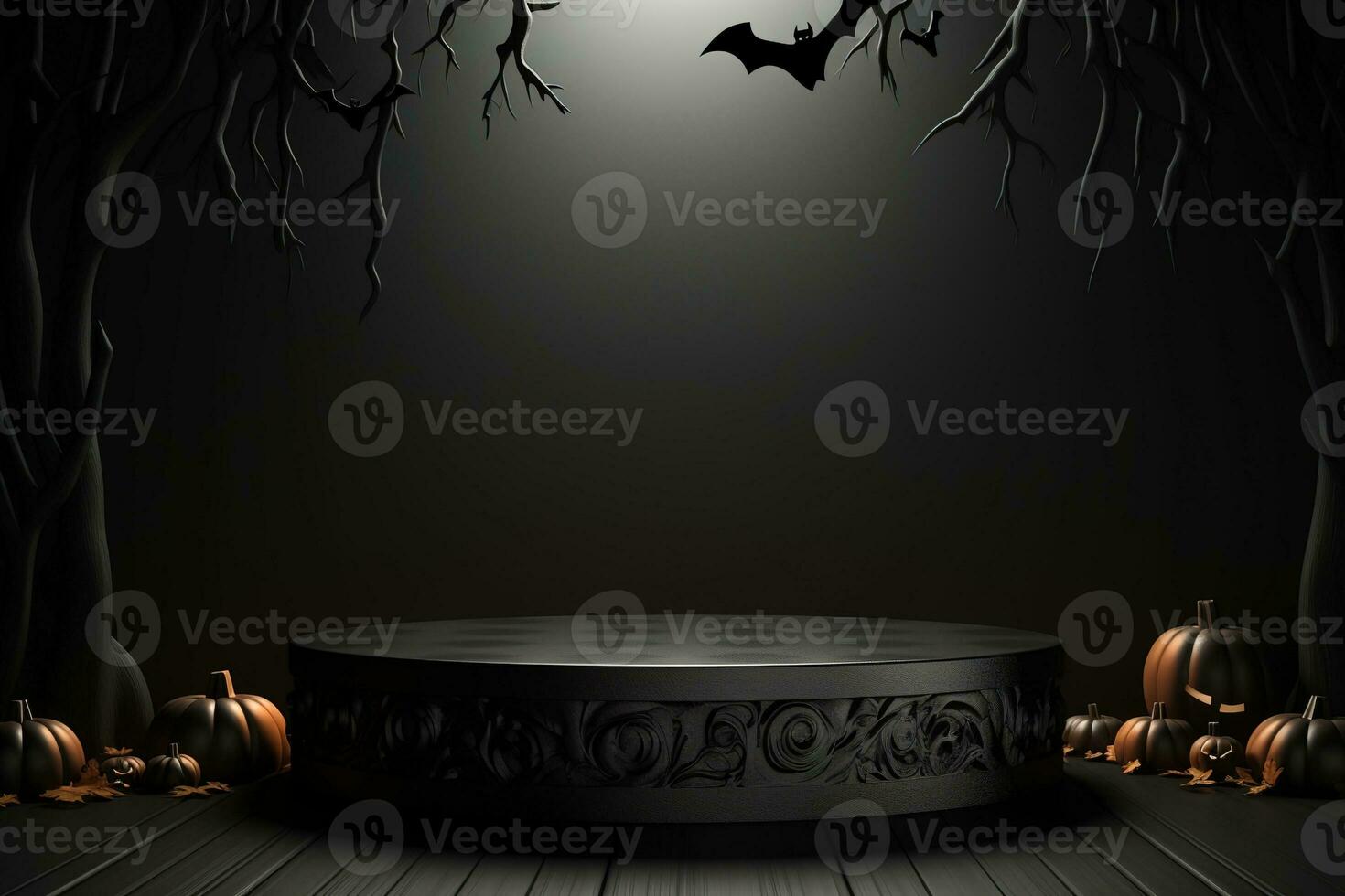 Black podium shelf or empty pedestal display with pumpkins, spiders, bats on dark Halloween background. Blank stand for showing product. Happy halloween banner mockup. 3D rendering. Generative AI photo