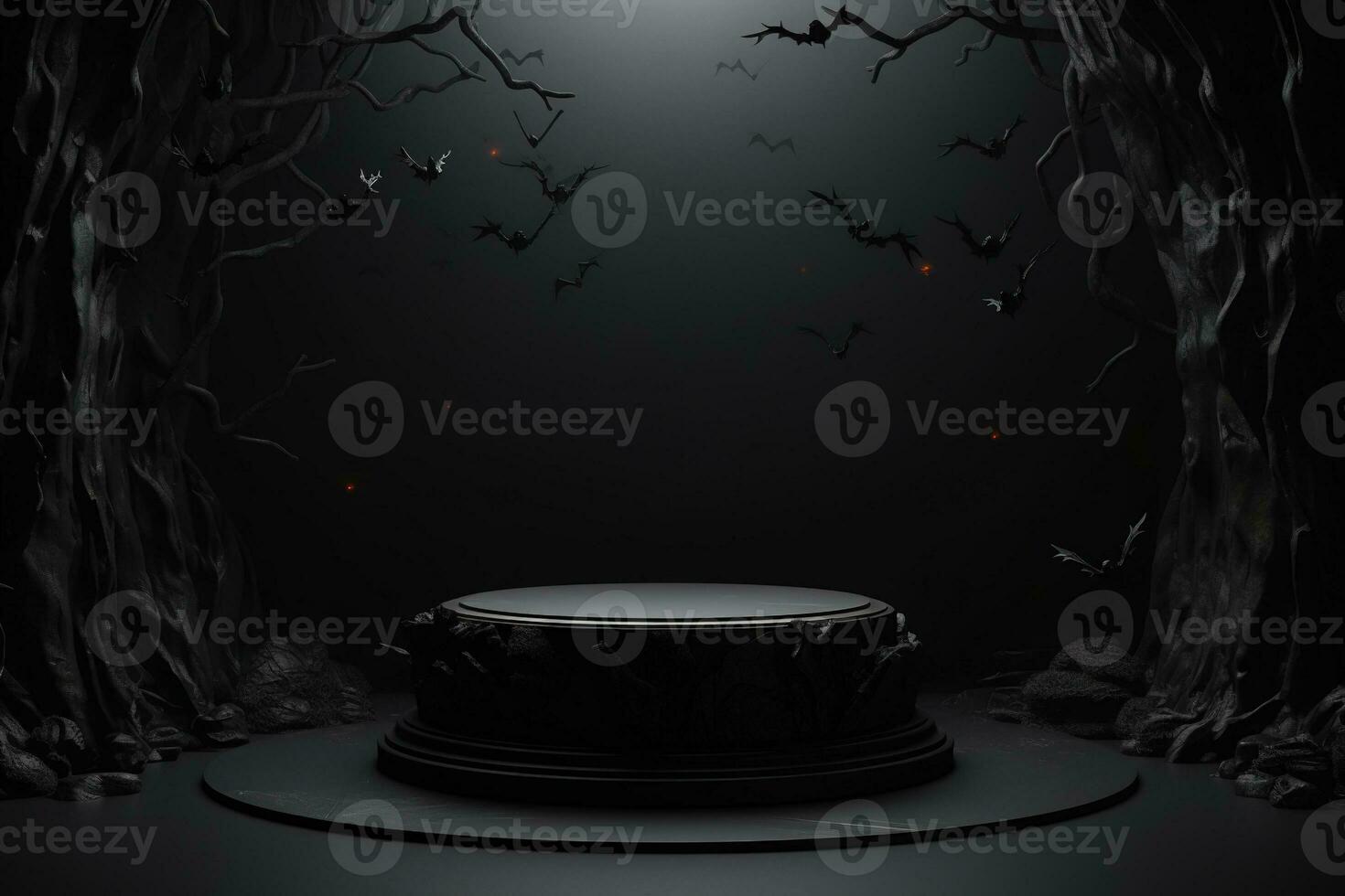 Black podium shelf or empty pedestal display with pumpkins, spiders, bats on dark Halloween background. Blank stand for showing product. Happy halloween banner mockup. 3D rendering. Generative AI photo