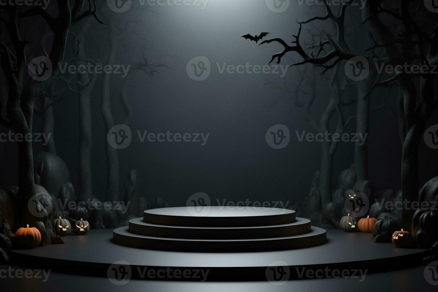 Black podium shelf or empty pedestal display with pumpkins, spiders, bats on dark Halloween background. Blank stand for showing product. Happy halloween banner mockup. 3D rendering. Generative AI photo