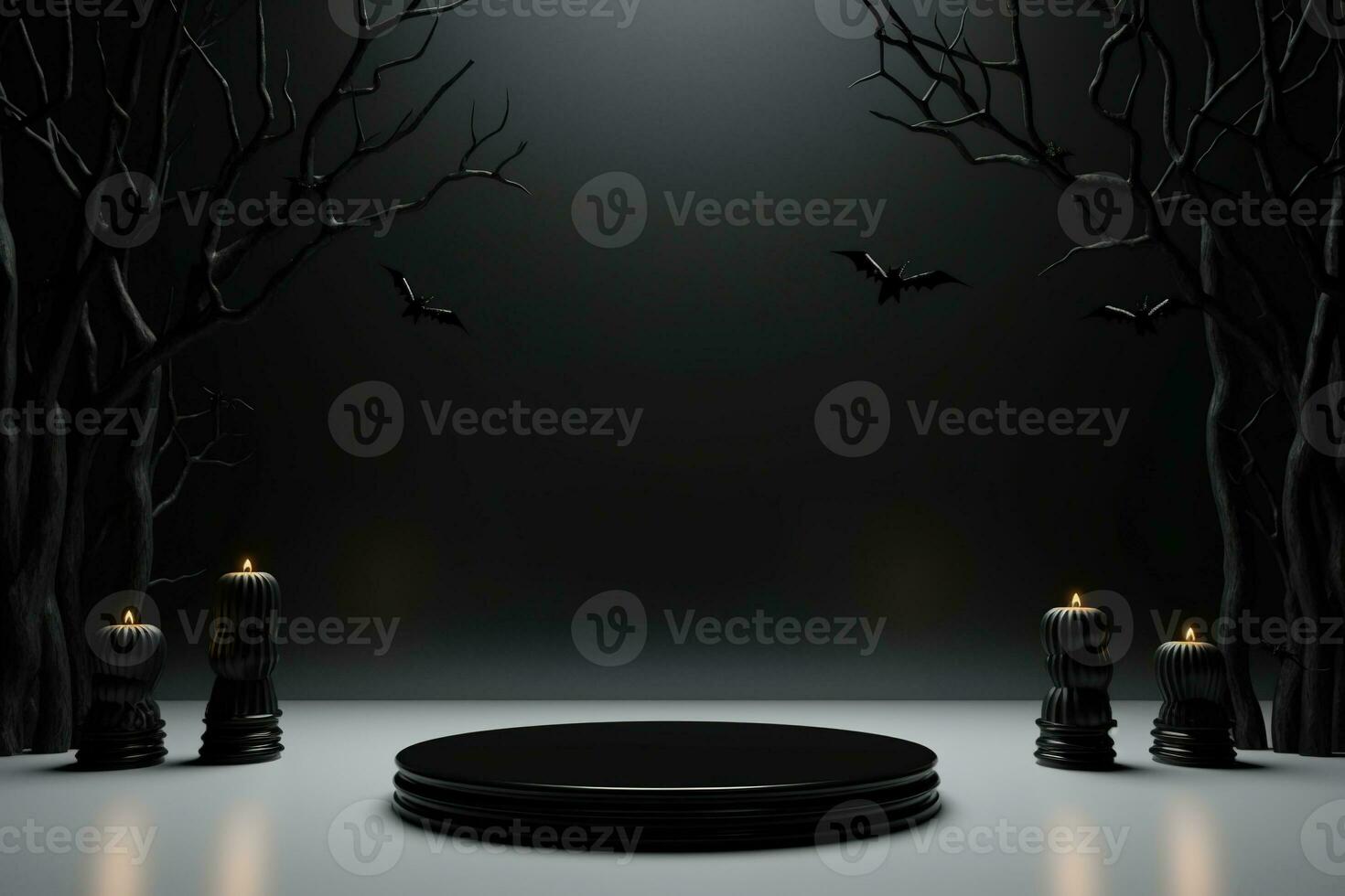 Black podium shelf or empty pedestal display with pumpkins, spiders, bats on dark Halloween background. Blank stand for showing product. Happy halloween banner mockup. 3D rendering. Generative AI photo