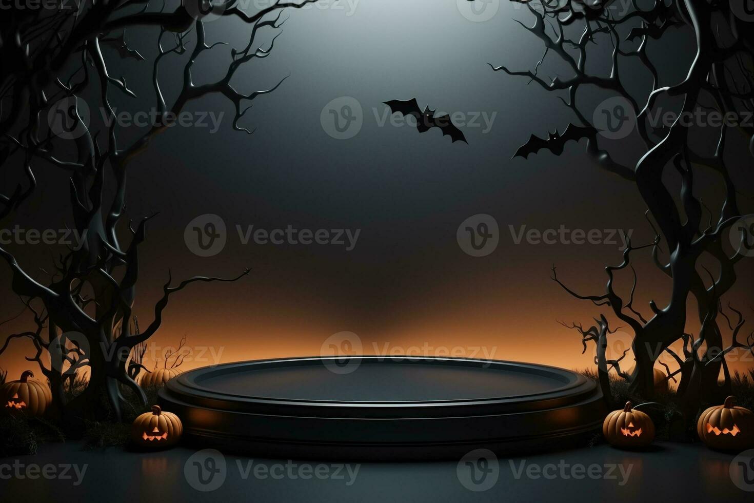 Black podium shelf or empty pedestal display with pumpkins, spiders, bats on dark Halloween background. Blank stand for showing product. Happy halloween banner mockup. 3D rendering. Generative AI photo