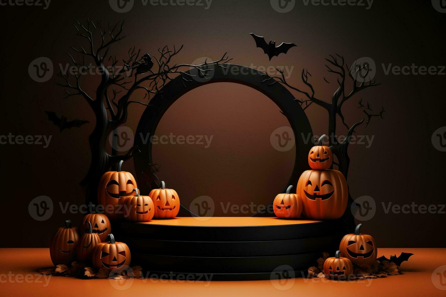 Black podium shelf or empty pedestal display with pumpkins, spiders, bats on dark Halloween background. Blank stand for showing product. Happy halloween banner mockup. 3D rendering. Generative AI photo