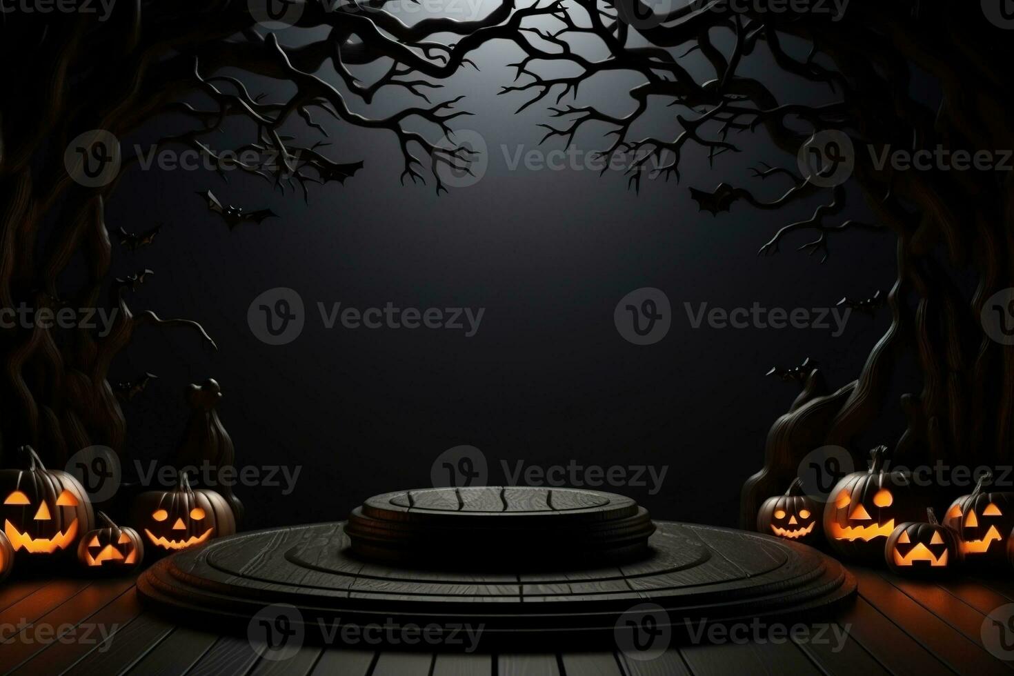 Black podium shelf or empty pedestal display with pumpkins, spiders, bats on dark Halloween background. Blank stand for showing product. Happy halloween banner mockup. 3D rendering. Generative AI photo