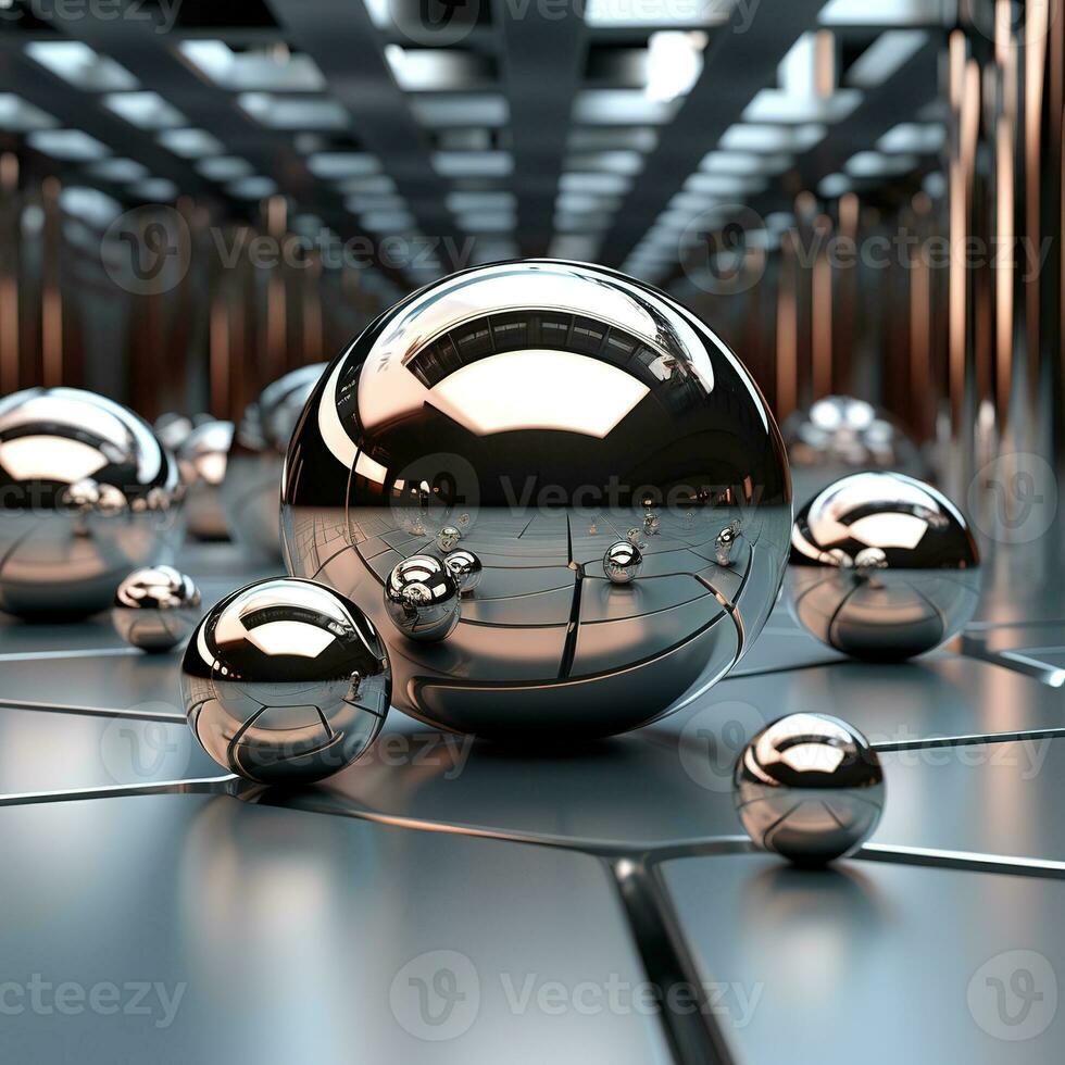 Abstract background with 3d Metallic spheres. 3D illustration of balls textured. Modern cover concept. Decoration element for banner design. Generative AI photo