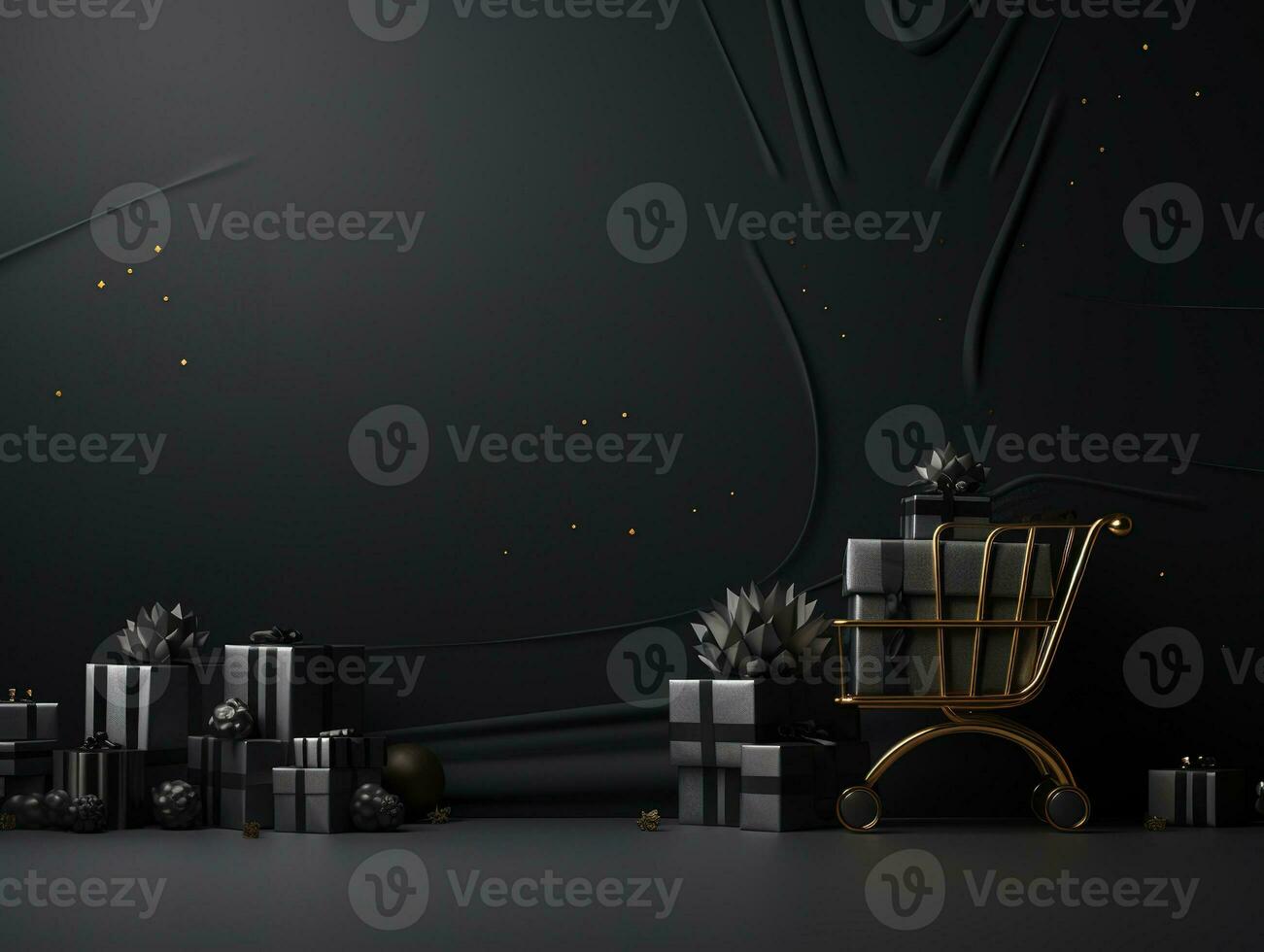 Black Friday Super Sale banner with realistic black gifts boxes and gold bows. Dark background golden with copy space. Generative AI photo