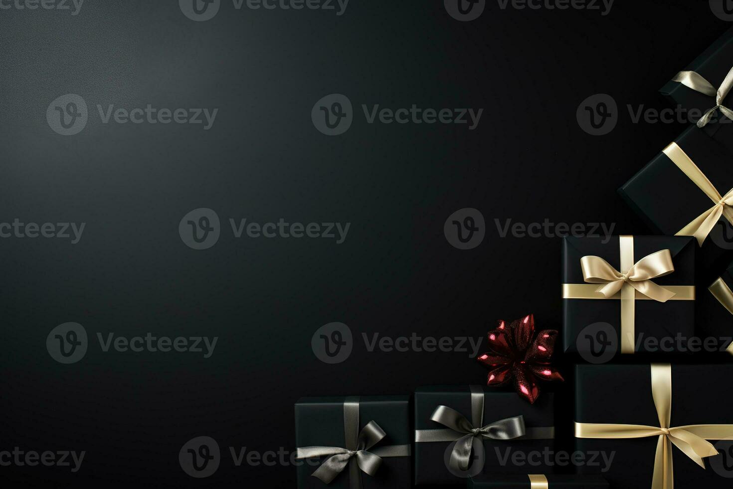 Black Friday Super Sale banner with realistic black gifts boxes and gold bows. Dark background golden with copy space. Generative AI photo