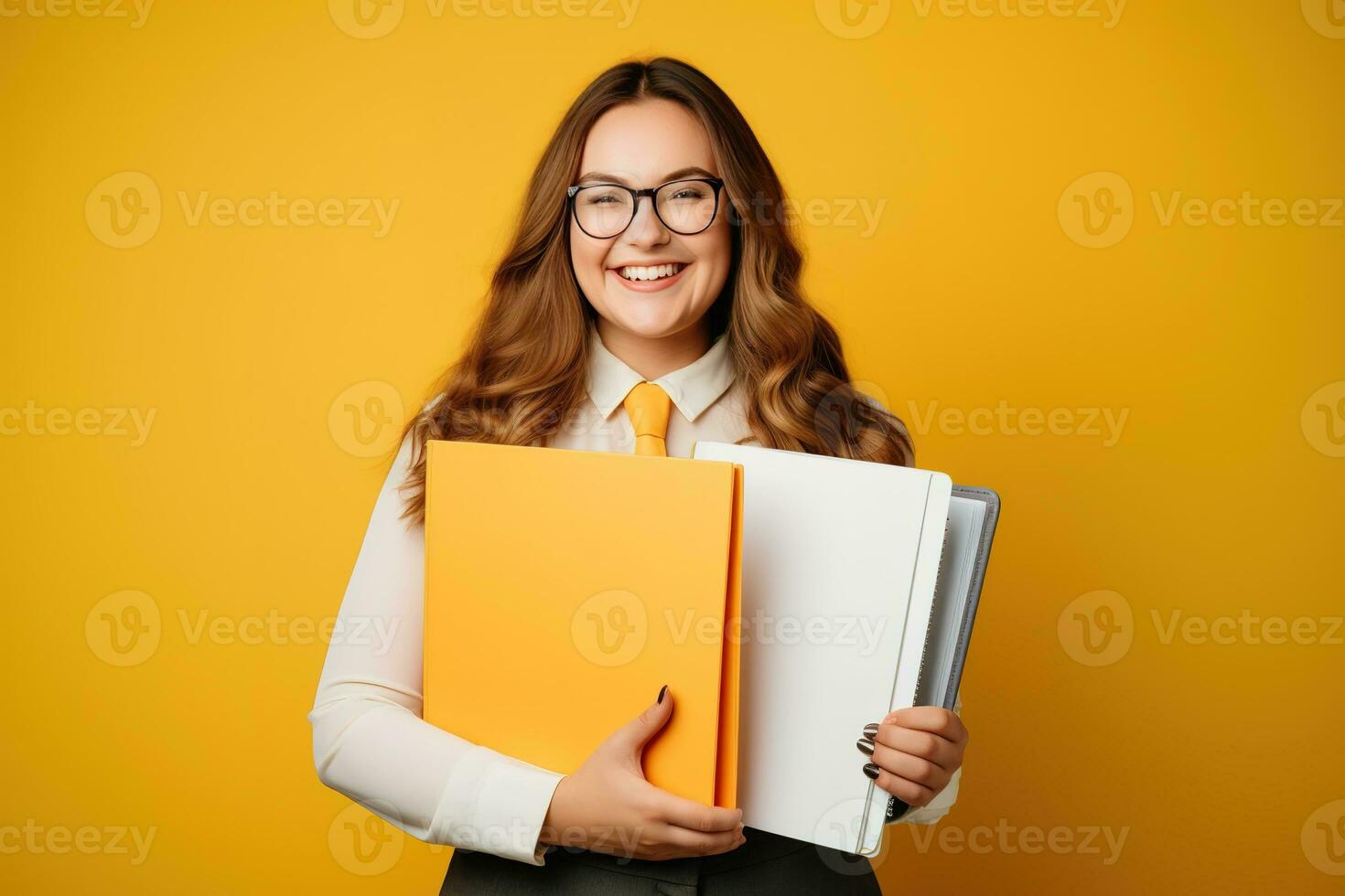 Young plus size businesswoman smiling happy holding binder in the office. Generative AI photo