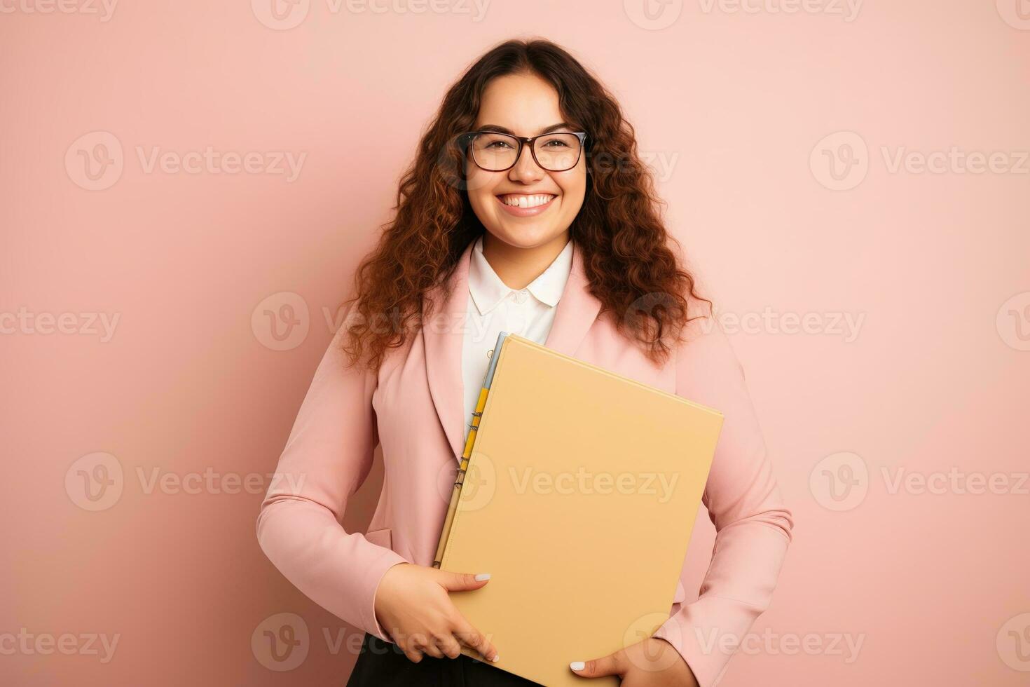 Young plus size businesswoman smiling happy holding binder in the office. Generative AI photo