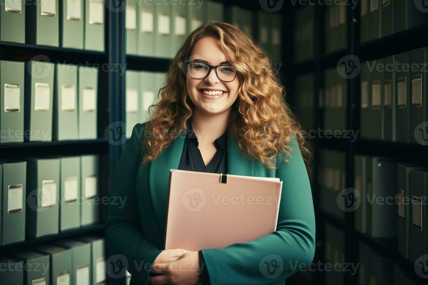 Young plus size businesswoman smiling happy holding binder in the office. Generative AI photo