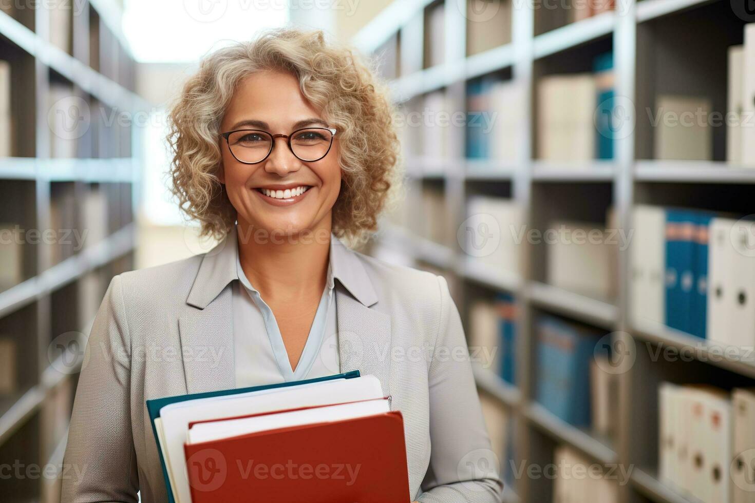 Attractive young Businesswoman holding a large open binder as she looks at the camera with a sweet friendly smile. Generative AI photo
