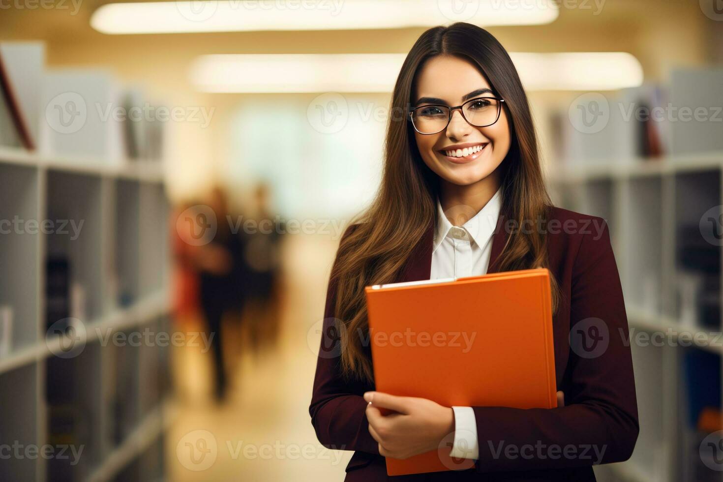 Attractive young Businesswoman holding a large open binder as she looks at the camera with a sweet friendly smile. Generative AI photo
