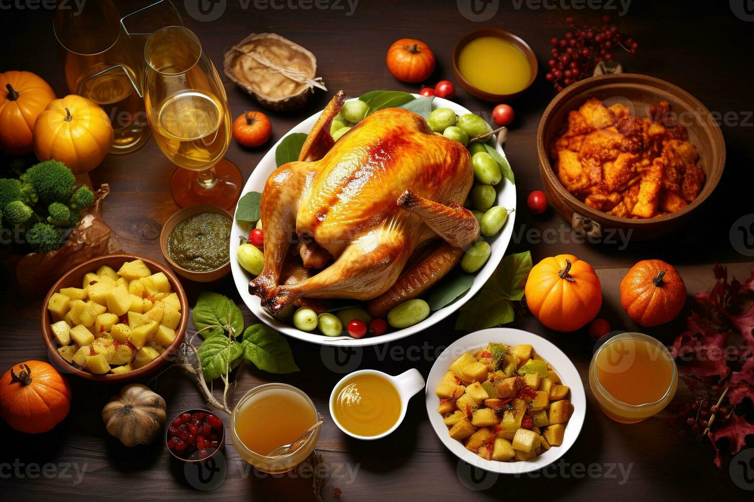 Traditional homemade roasted Thanksgiving Day turkey dinner. Top-view table scene on a dark wood banner background. Turkey, mashed potatoes, dressing, pumpkin pie, and sides. Generative AI photo