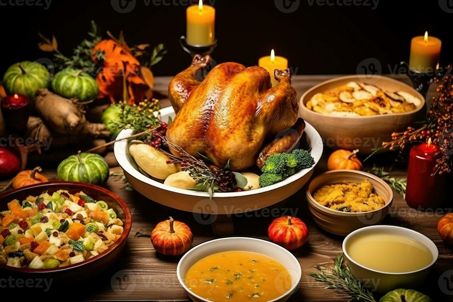 Traditional homemade roasted Thanksgiving Day turkey dinner. Top-view table scene on a dark wood banner background. Turkey, mashed potatoes, dressing, pumpkin pie, and sides. Generative AI photo