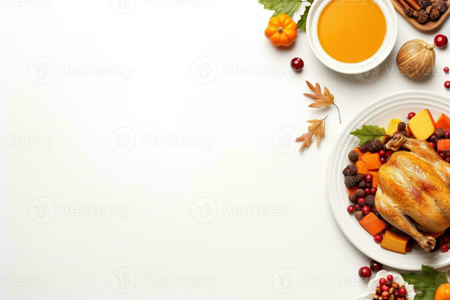 Top view of Thanksgiving dinner background with turkey and all sides dishes, pumpkin pie, fall leaves, and seasonal autumnal decor on dinner table with copy space. Generative AI photo