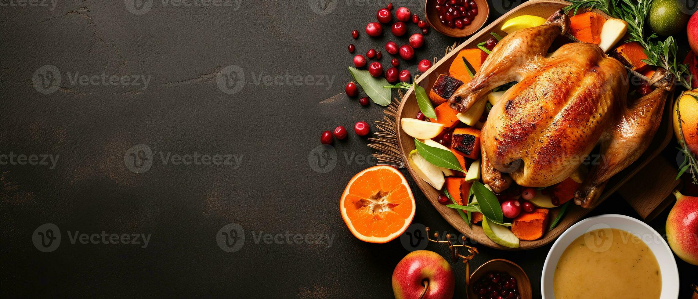 Traditional homemade roasted Thanksgiving Day turkey dinner. Top-view table scene on a dark wood banner background. Turkey, mashed potatoes, dressing, pumpkin pie, and sides. Generative AI photo