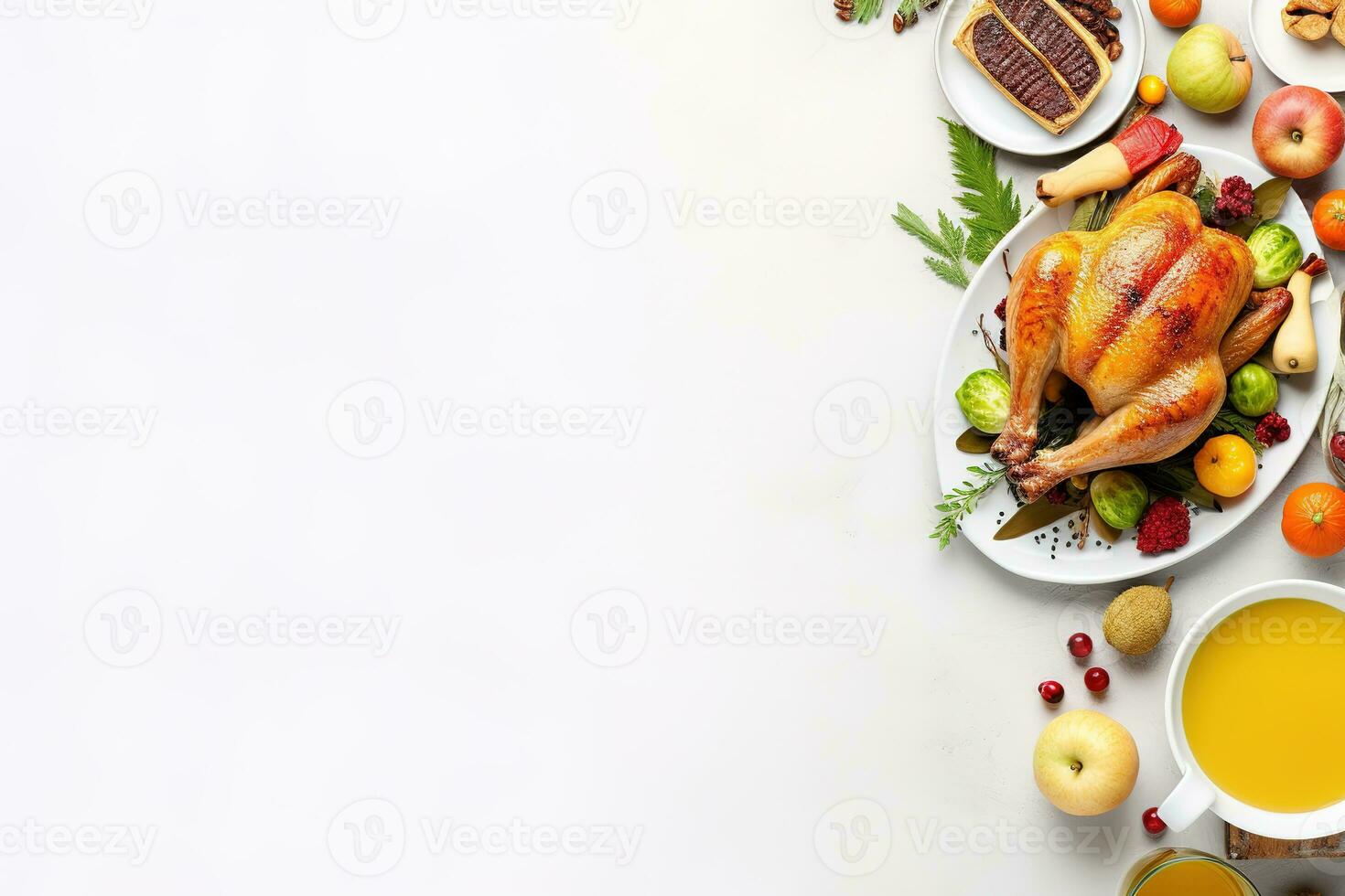 Top view of Thanksgiving dinner background with turkey and all sides dishes, pumpkin pie, fall leaves, and seasonal autumnal decor on dinner table with copy space. Generative AI photo