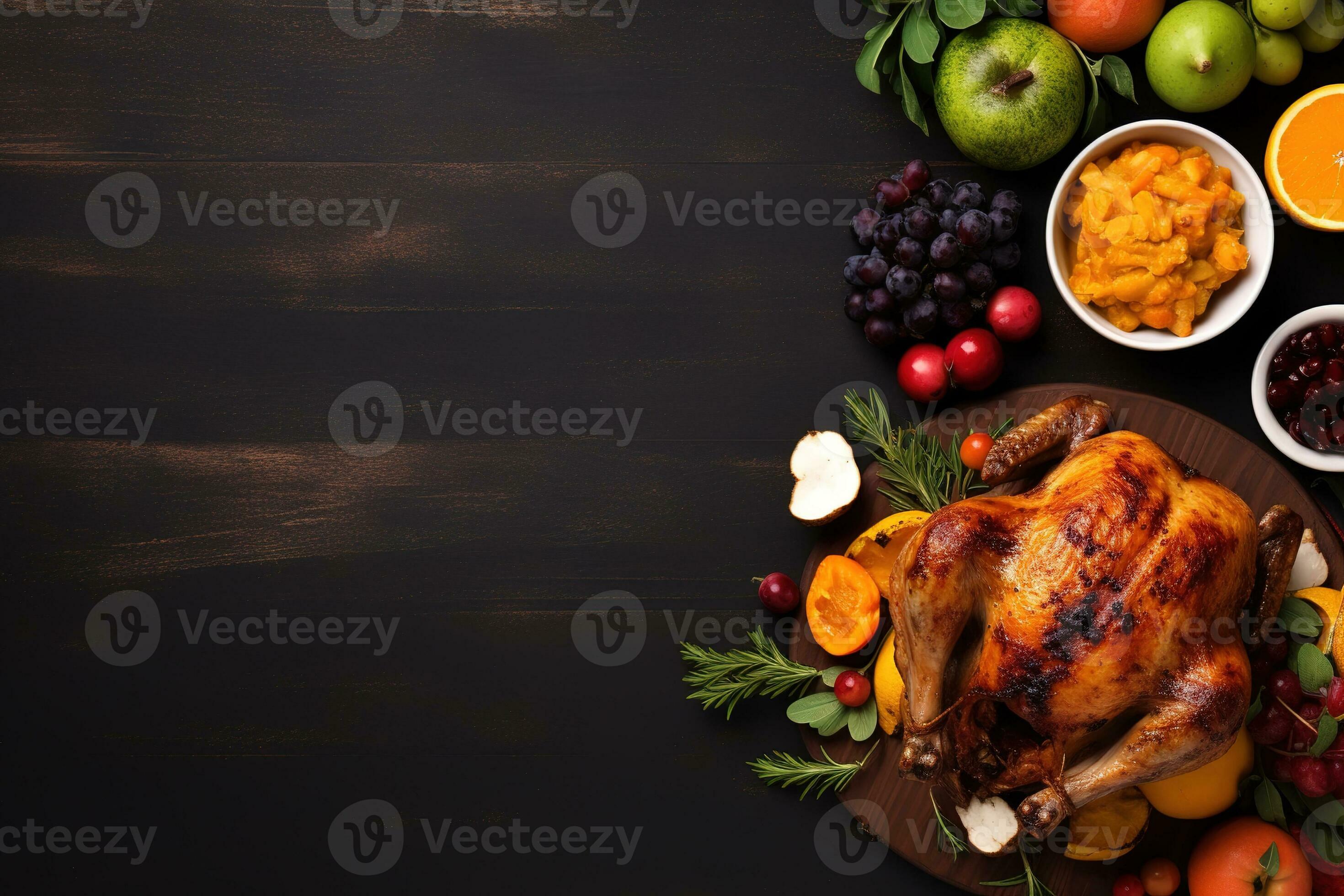 Top view of Thanksgiving dinner background with turkey and all sides