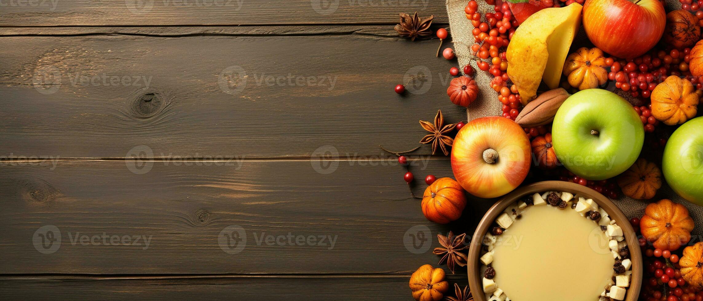 Top view of Thanksgiving dinner background with turkey and all sides dishes, pumpkin pie, fall leaves, and seasonal autumnal decor on dinner table with copy space. Generative AI photo