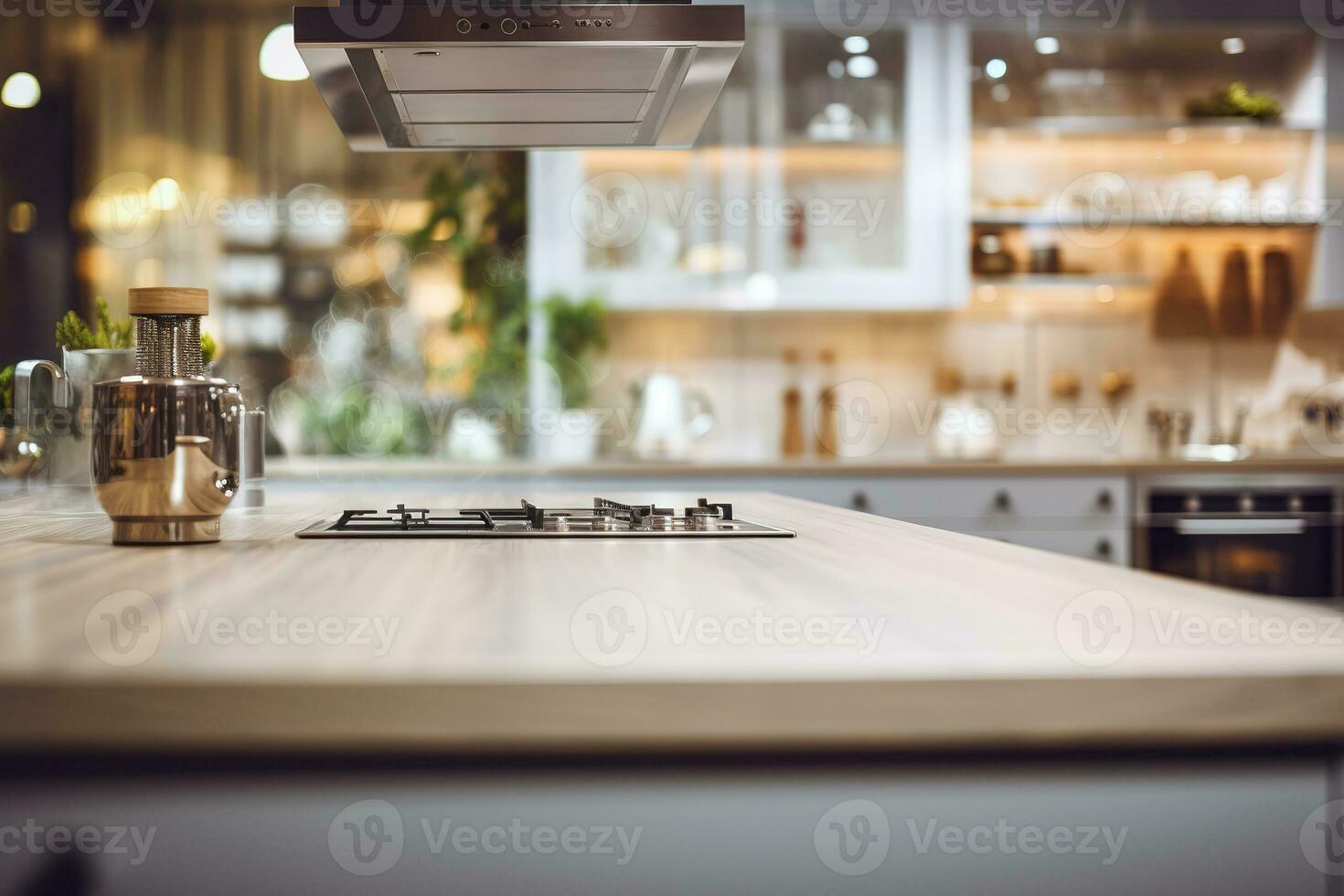 Blurred modern kitchen view. Scandinavian kitchen, minimalist design white accents. Ideal for product display or design layouts. Generative AI photo